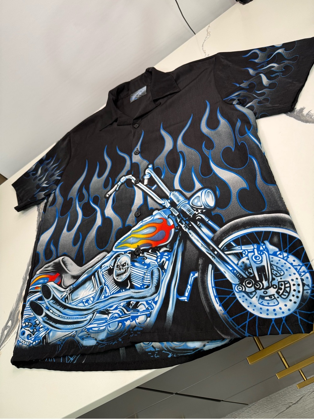 Sapphire Lounge Vintage Black Blue Flame Biker Button Down Men’s Size L